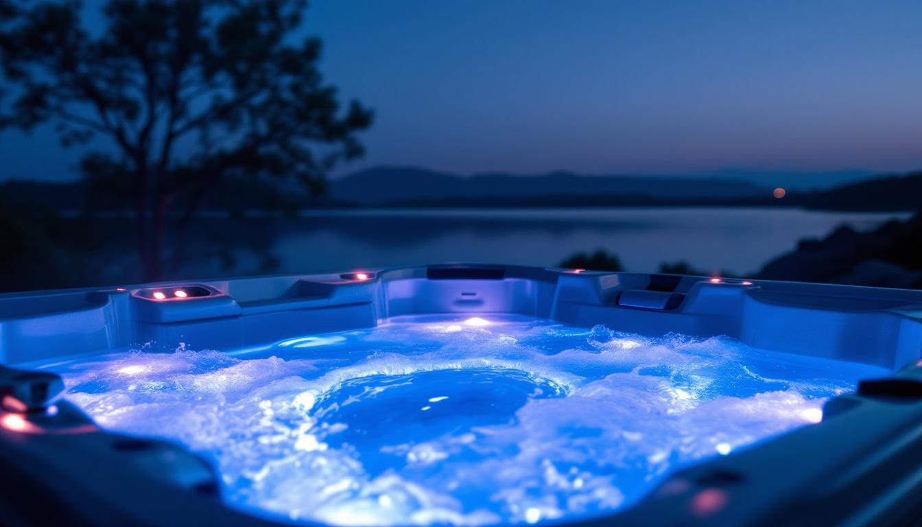 A photograph of a beautifully illuminated hot tub at dusk