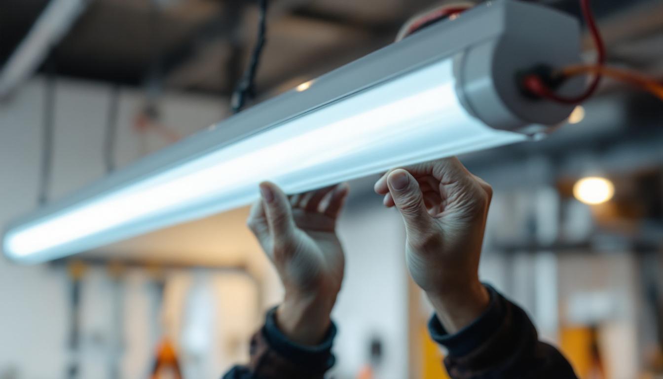 A photograph of a close-up shot of a 4-foot led fluorescent tube being installed in a commercial lighting fixture