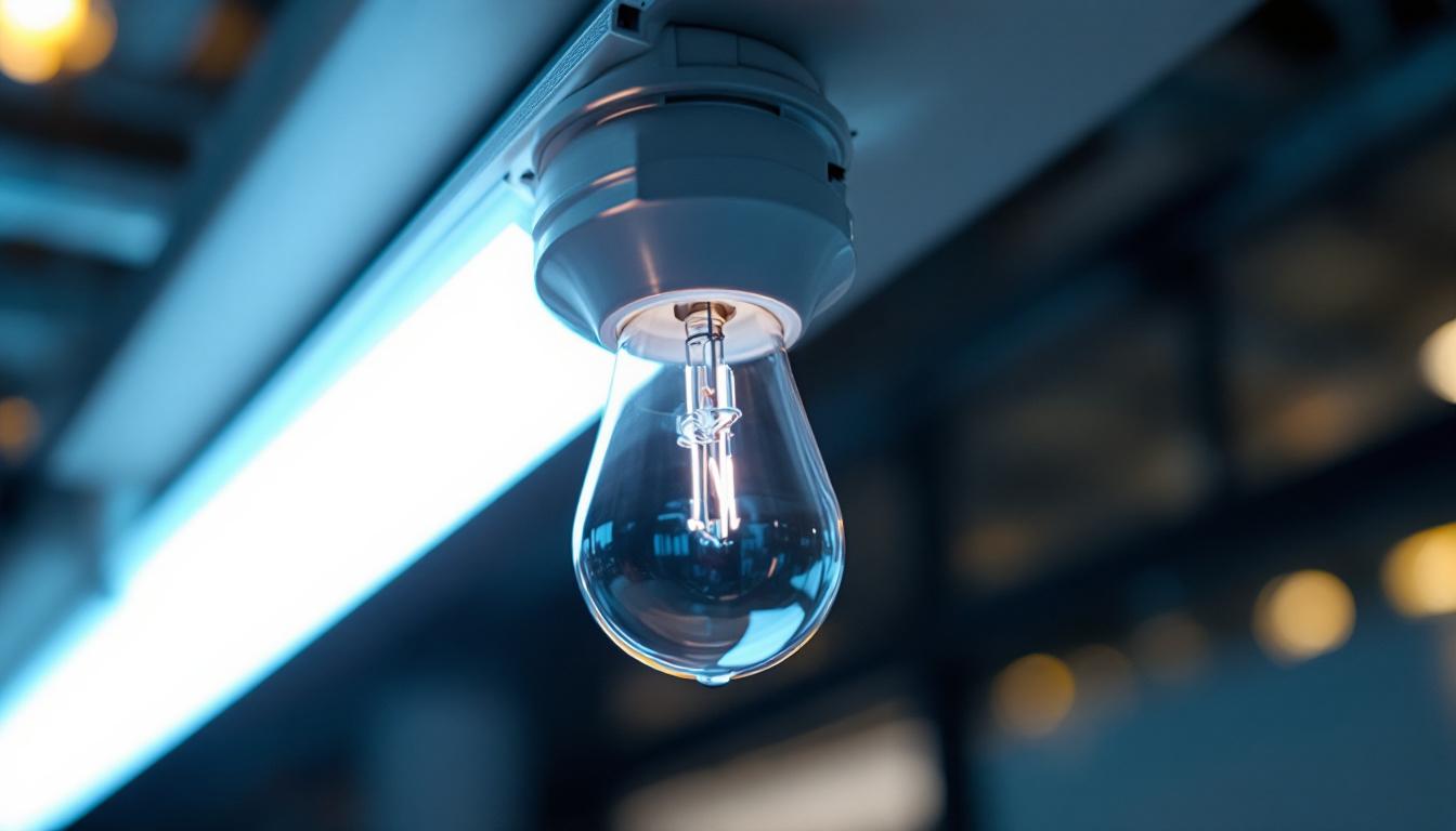 A photograph of a close-up of a led fluorescent light bulb being installed or replaced in a fixture