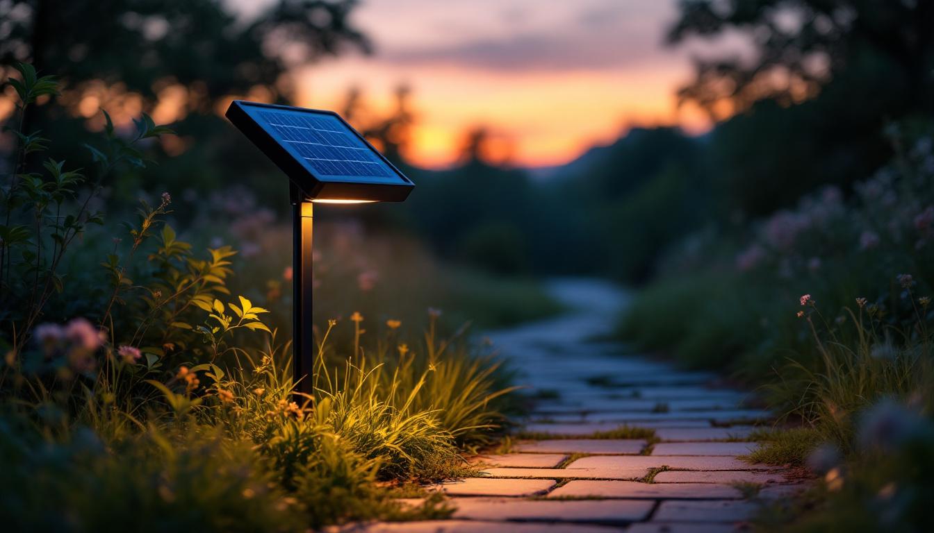 A photograph of a solar power lamp in a serene outdoor setting during twilight