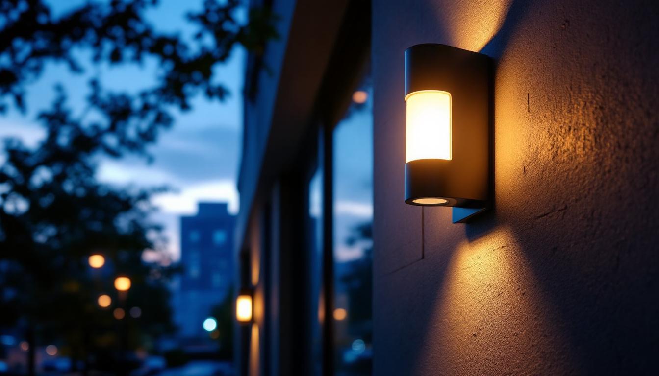 A photograph of capture a photograph of a stylish commercial exterior wall light installed on a modern building facade during twilight