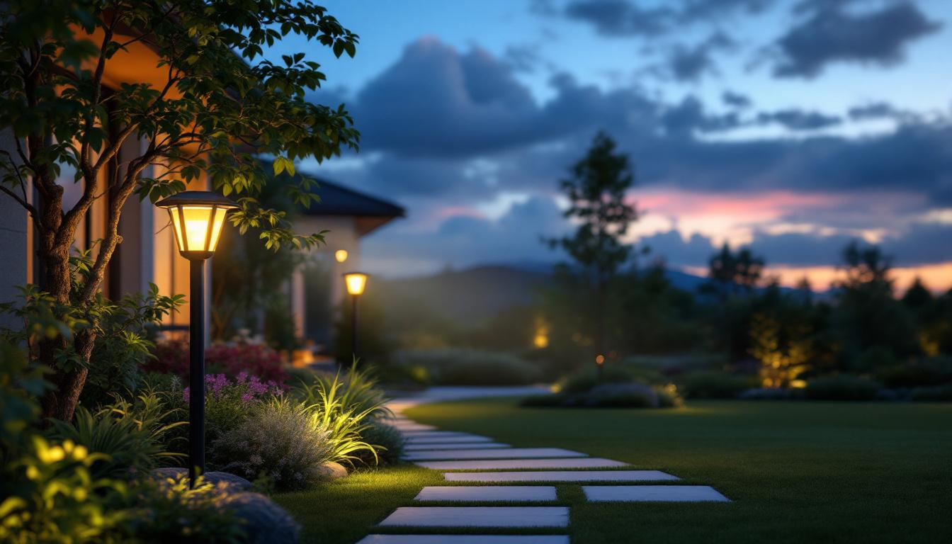 A photograph of a solar landscape flood light illuminating a beautifully landscaped outdoor space at dusk