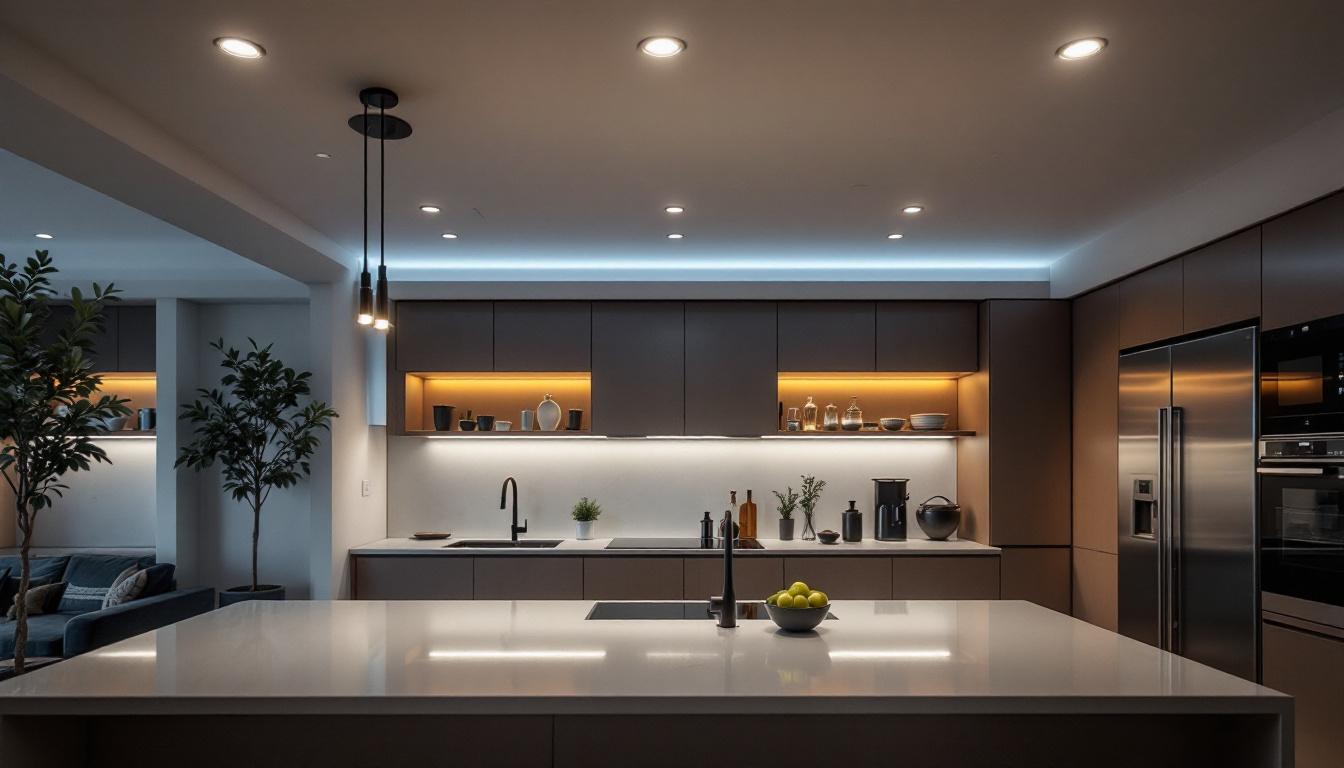 A photograph of a modern kitchen featuring sleek recessed ceiling lights that highlight the space's innovative design