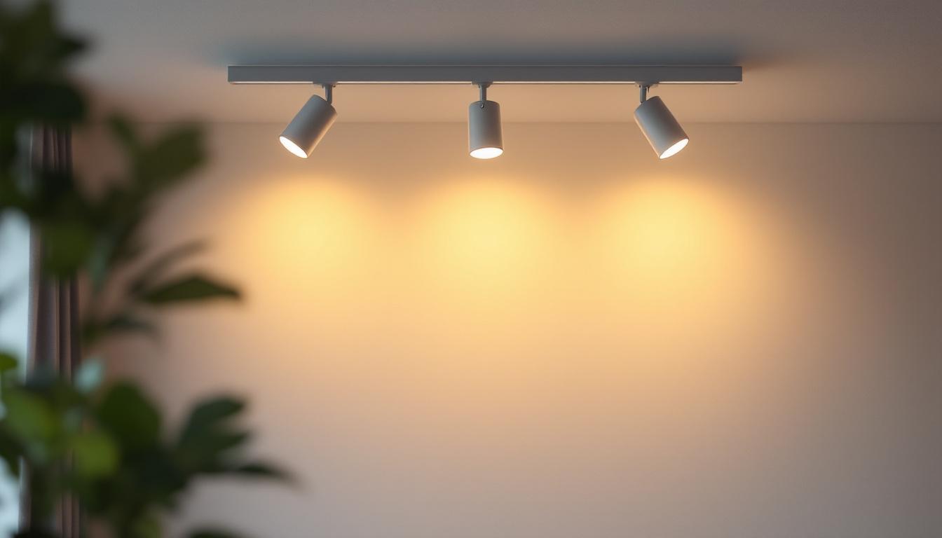 A photograph of a well-lit interior space featuring a stylish halogen track lighting installation