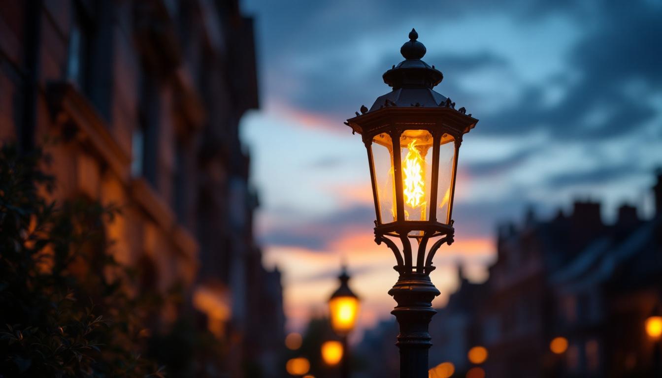 A photograph of a vintage gas lamp illuminated at dusk