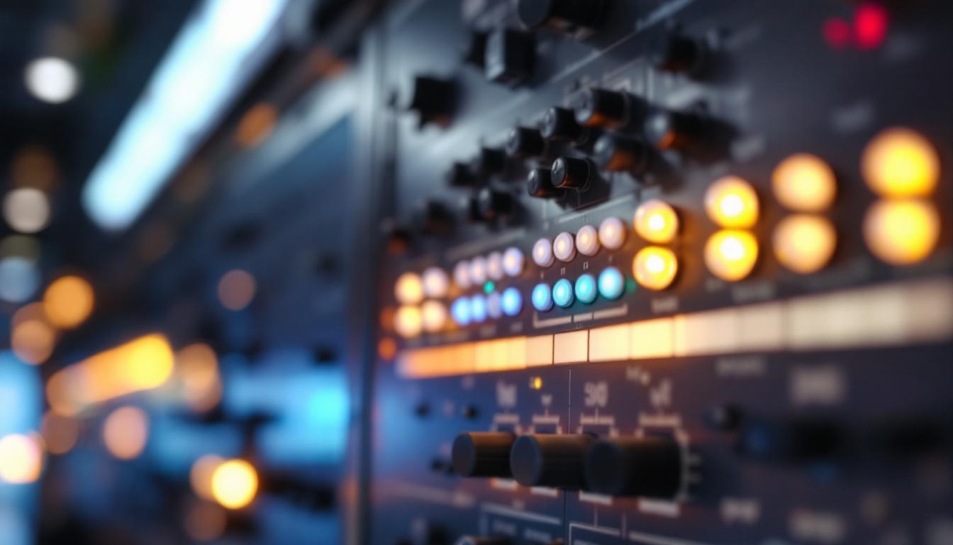 A photograph of a modern lighting control panel with both fluorescent and led bulbs visible in a well-lit environment