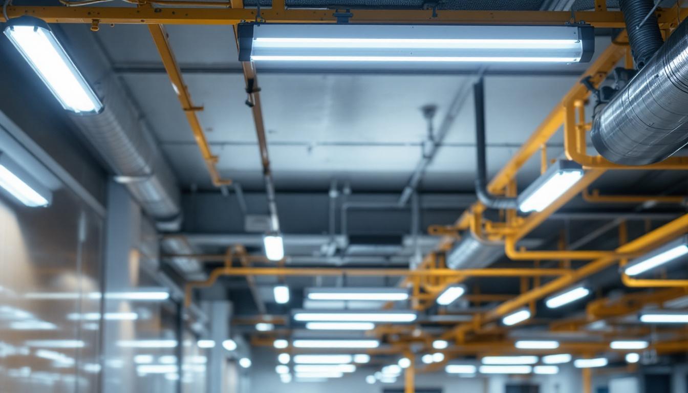 A photograph of a well-lit indoor space featuring fluorescent lights installed in compliance with lighting codes
