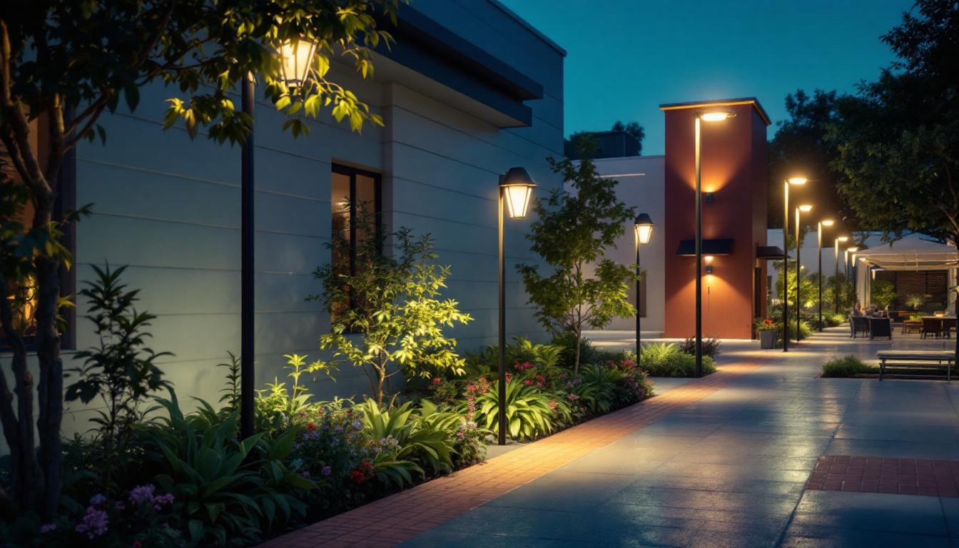 A photograph of a well-lit commercial outdoor space showcasing various pole lights in use