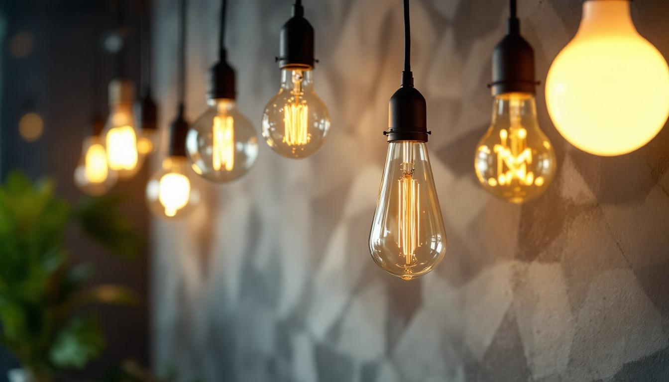 A photograph of a modern lighting installation featuring various cooler light bulbs in a stylish setting