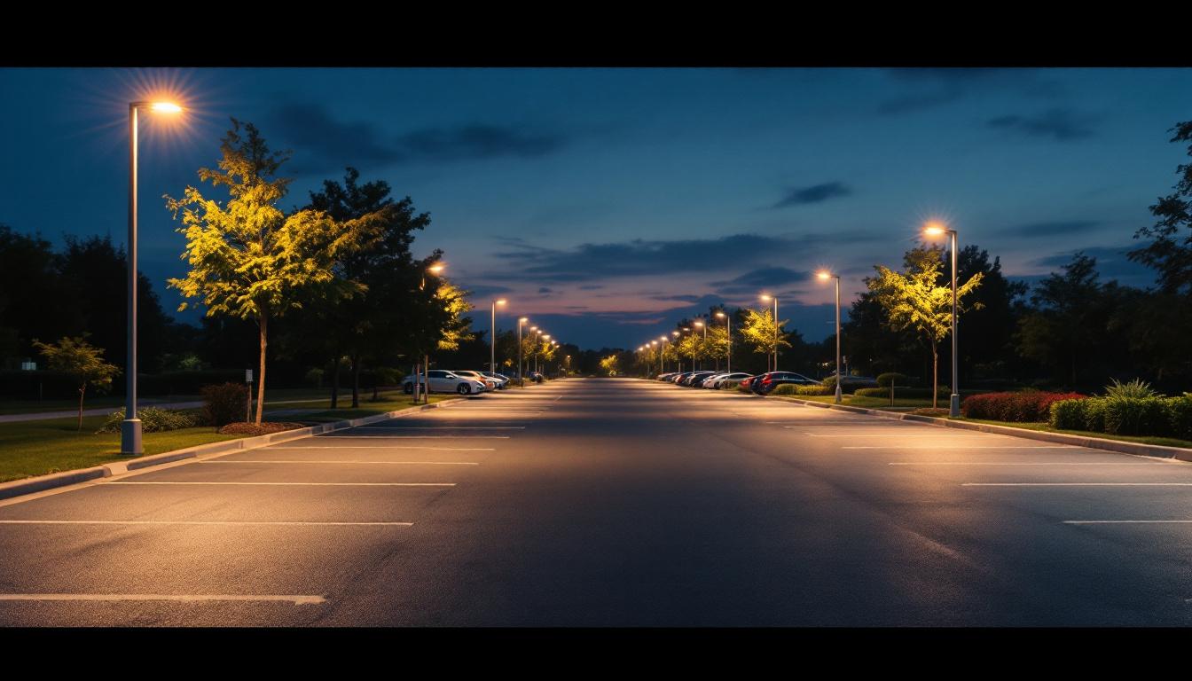 A photograph of a well-lit parking lot at dusk