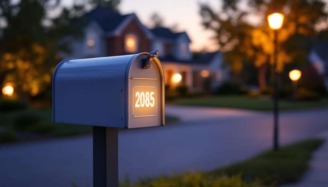A photograph of a well-lit mailbox featuring illuminated numbers at dusk