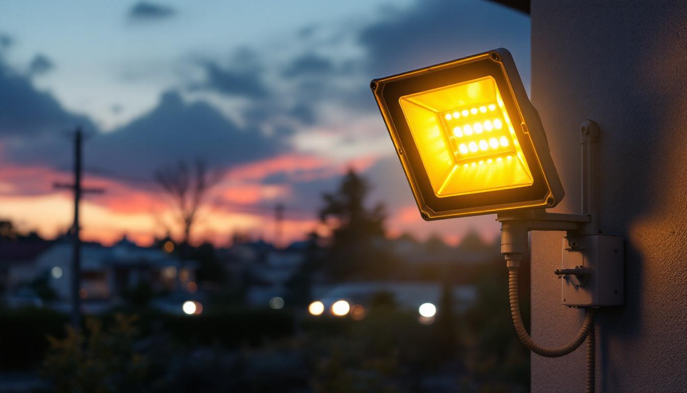 A photograph of a commercial solar flood light installed in an outdoor setting