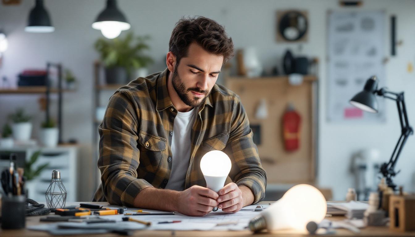 A photograph of a well-lit workspace featuring an electrical engineer examining a 4ft led replacement bulb alongside various lighting project tools and diagrams