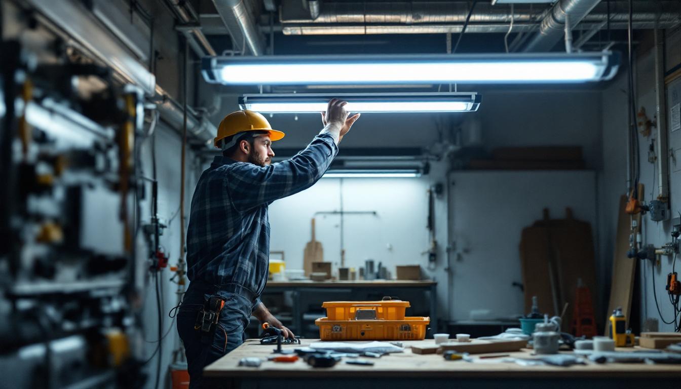 A photograph of a well-lit workspace showcasing an electrical engineer installing a 4ft led fluorescent tube in a commercial setting