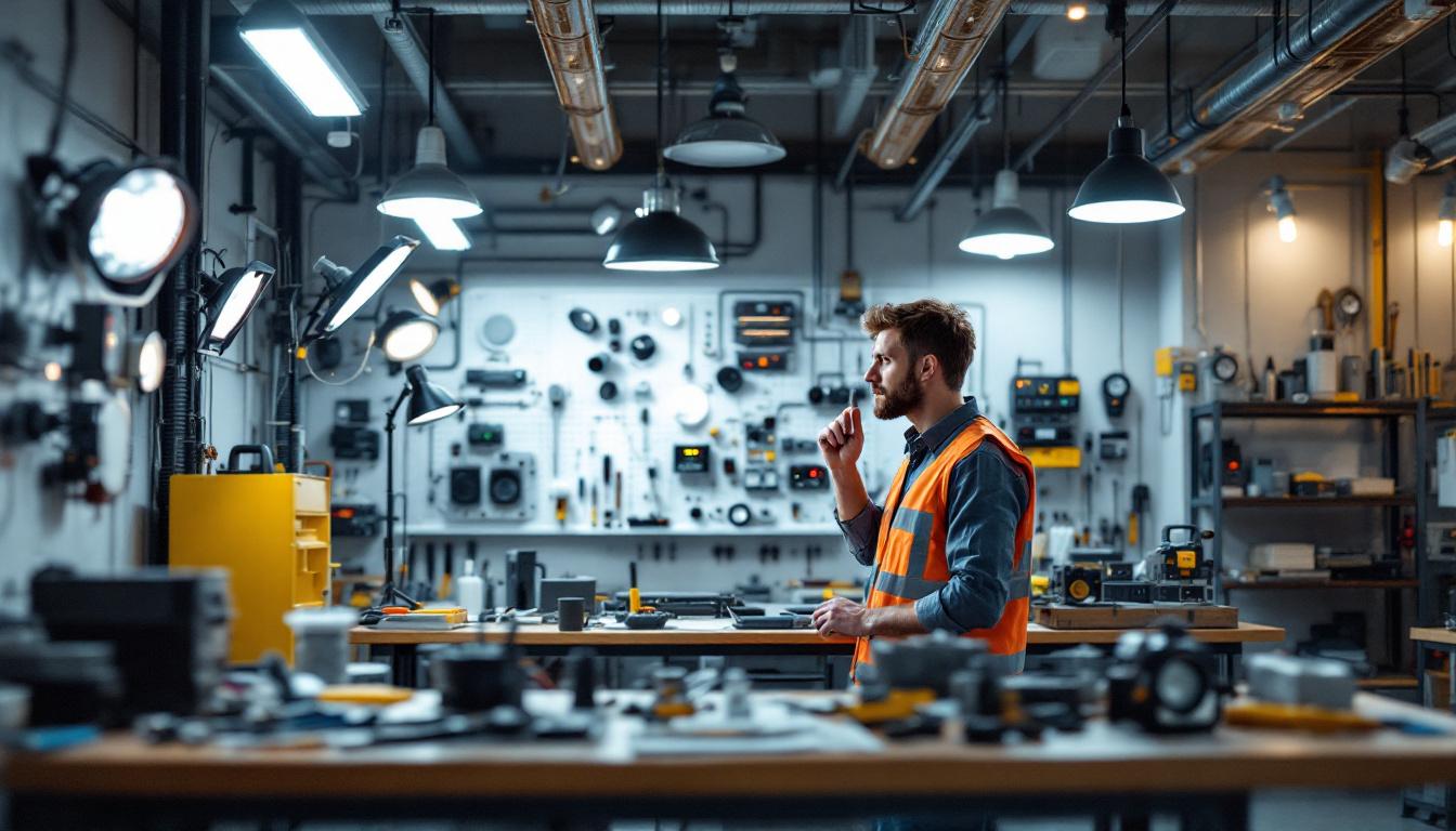 A photograph of a well-organized lighting distribution setup in a modern electrical engineering workspace