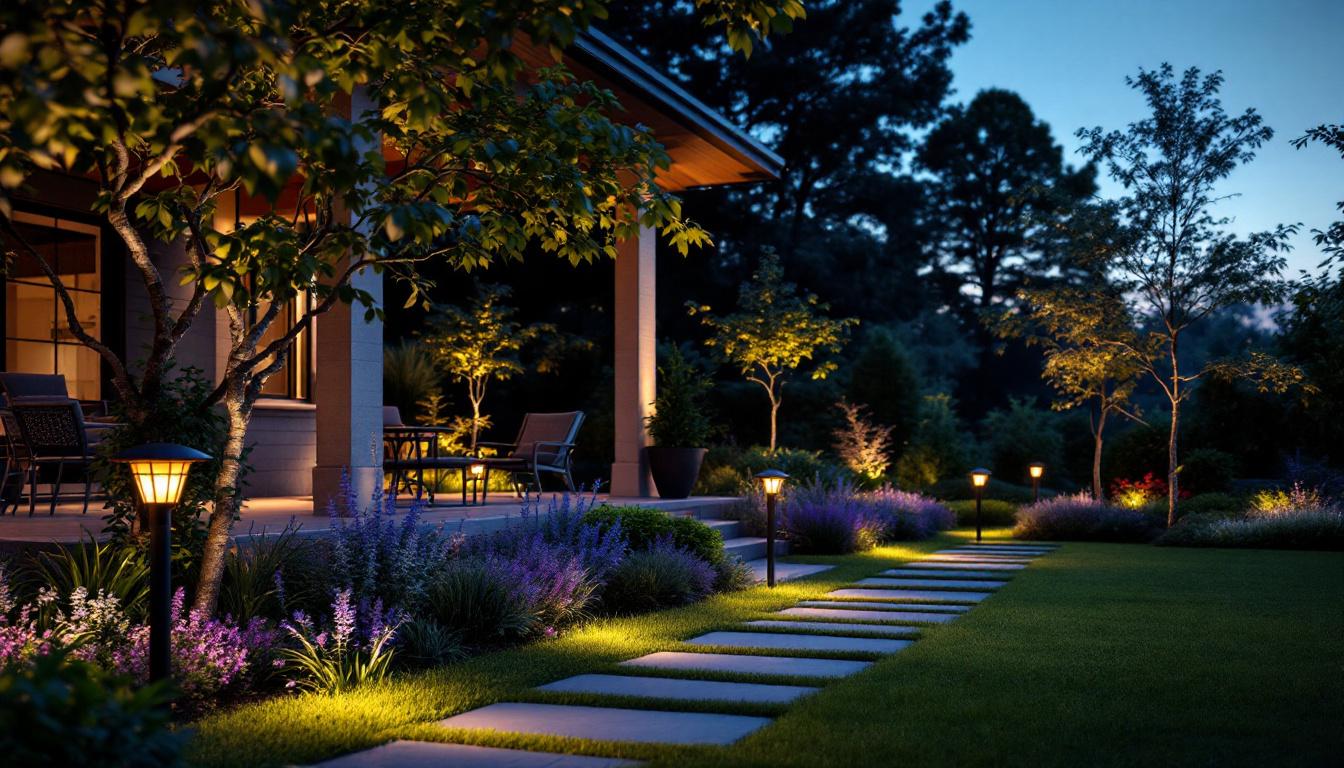 A photograph of a beautifully landscaped outdoor space illuminated by various led solar fixtures