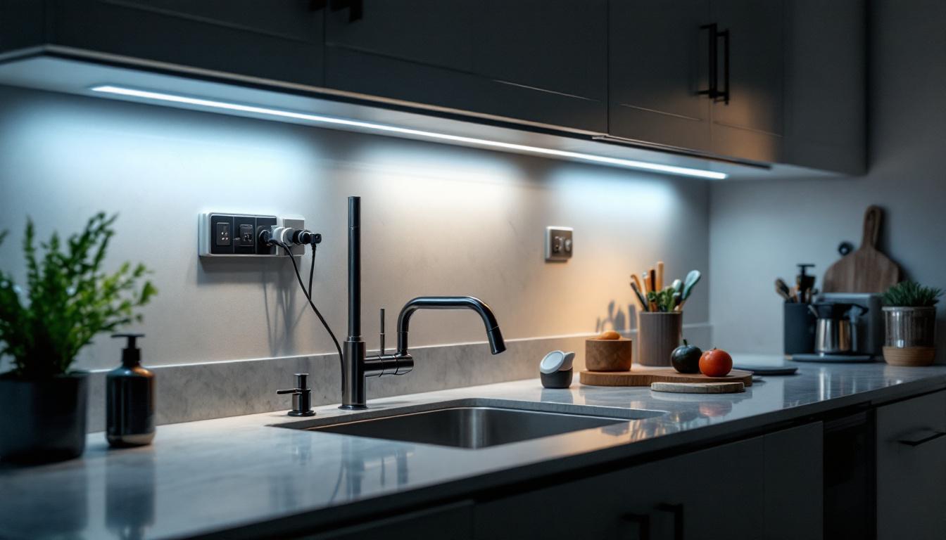 A photograph of a well-lit kitchen featuring under-cabinet lighting installations