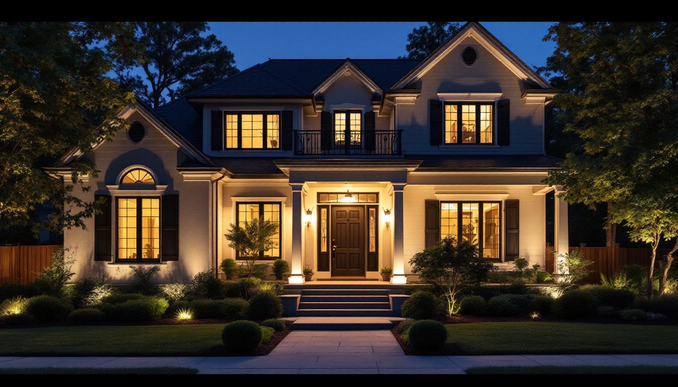A photograph of a beautifully illuminated exterior of a house at dusk