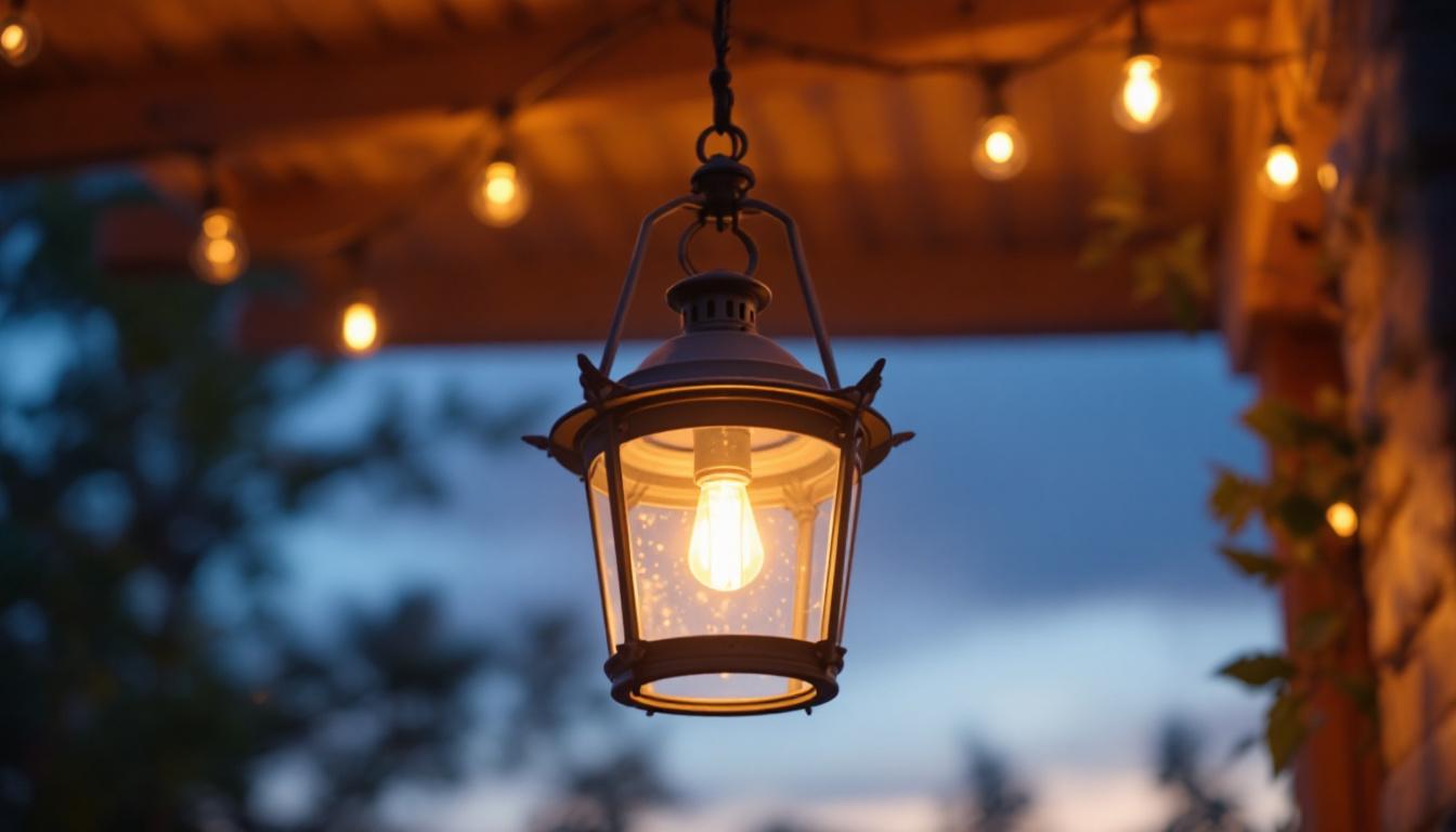 A photograph of a beautifully designed extra large outdoor hanging lantern illuminated at dusk