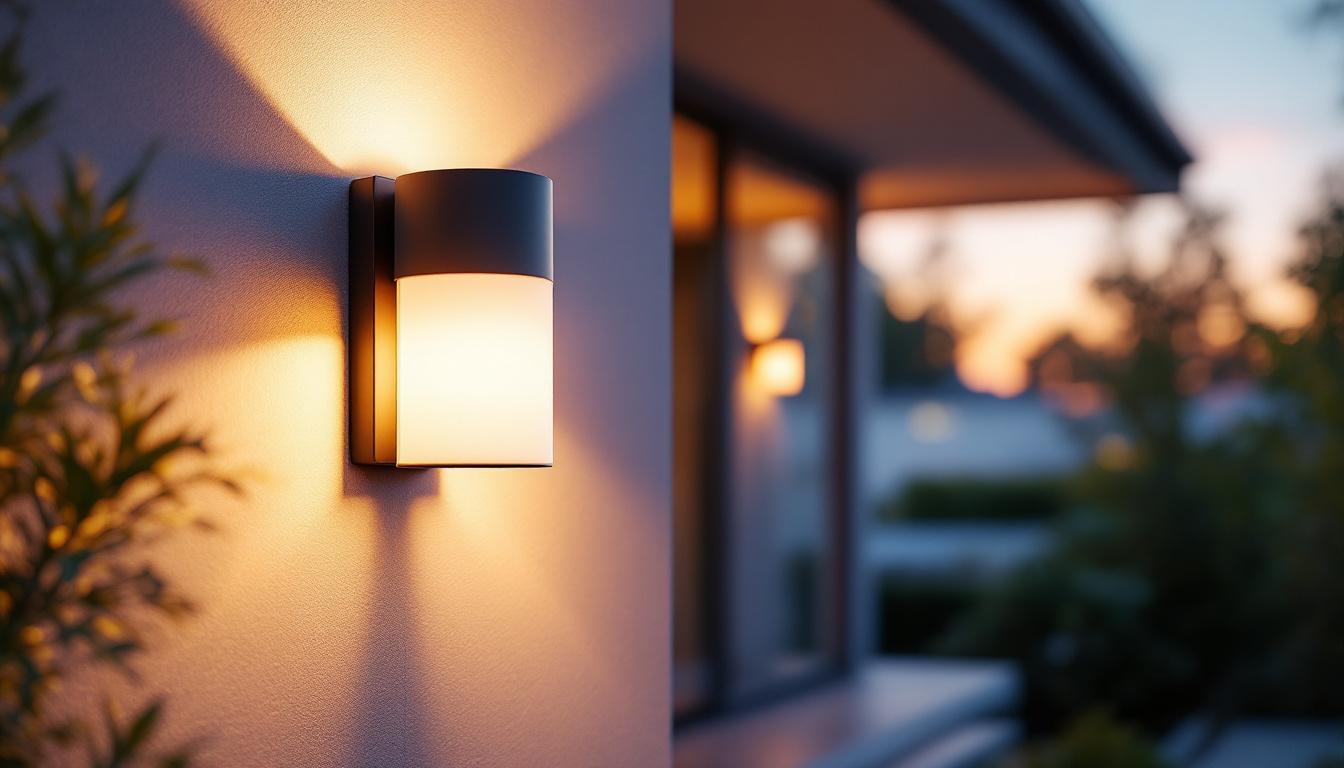 A photograph of a stylish outdoor wall-mounted light fixture illuminated at dusk