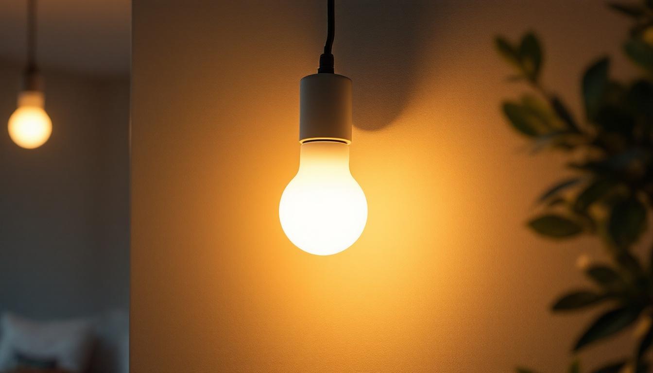 A photograph of a 450 lumen led bulb installed in a modern lighting fixture
