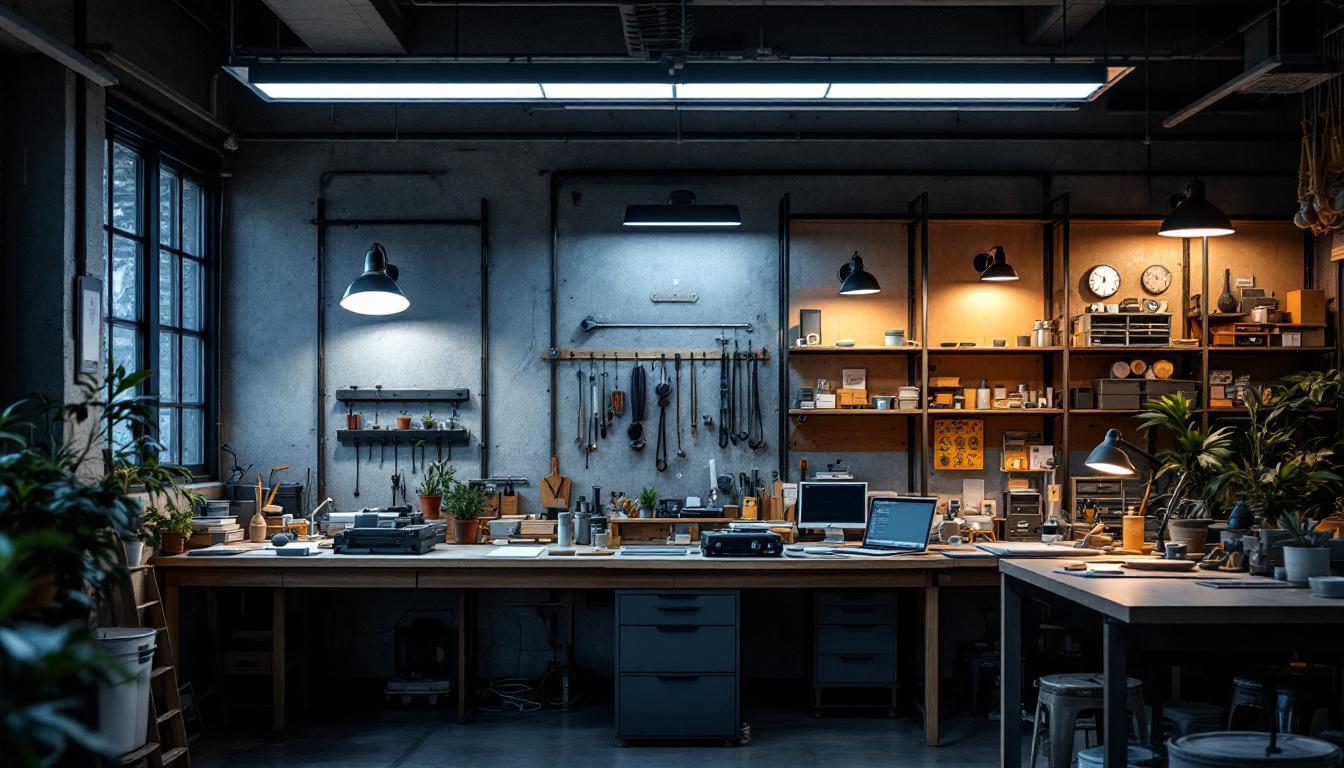 A photograph of a well-organized workshop featuring a variety of wall-mounted lights illuminating different work areas