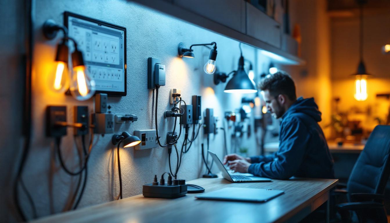 A photograph of a well-lit workspace featuring a variety of wall outlets and innovative lighting solutions