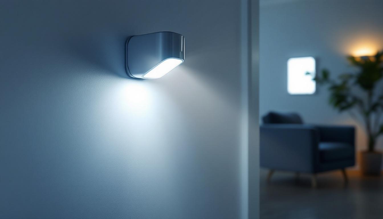 A photograph of a well-lit indoor setting featuring a plug-in emergency light with battery backup prominently displayed