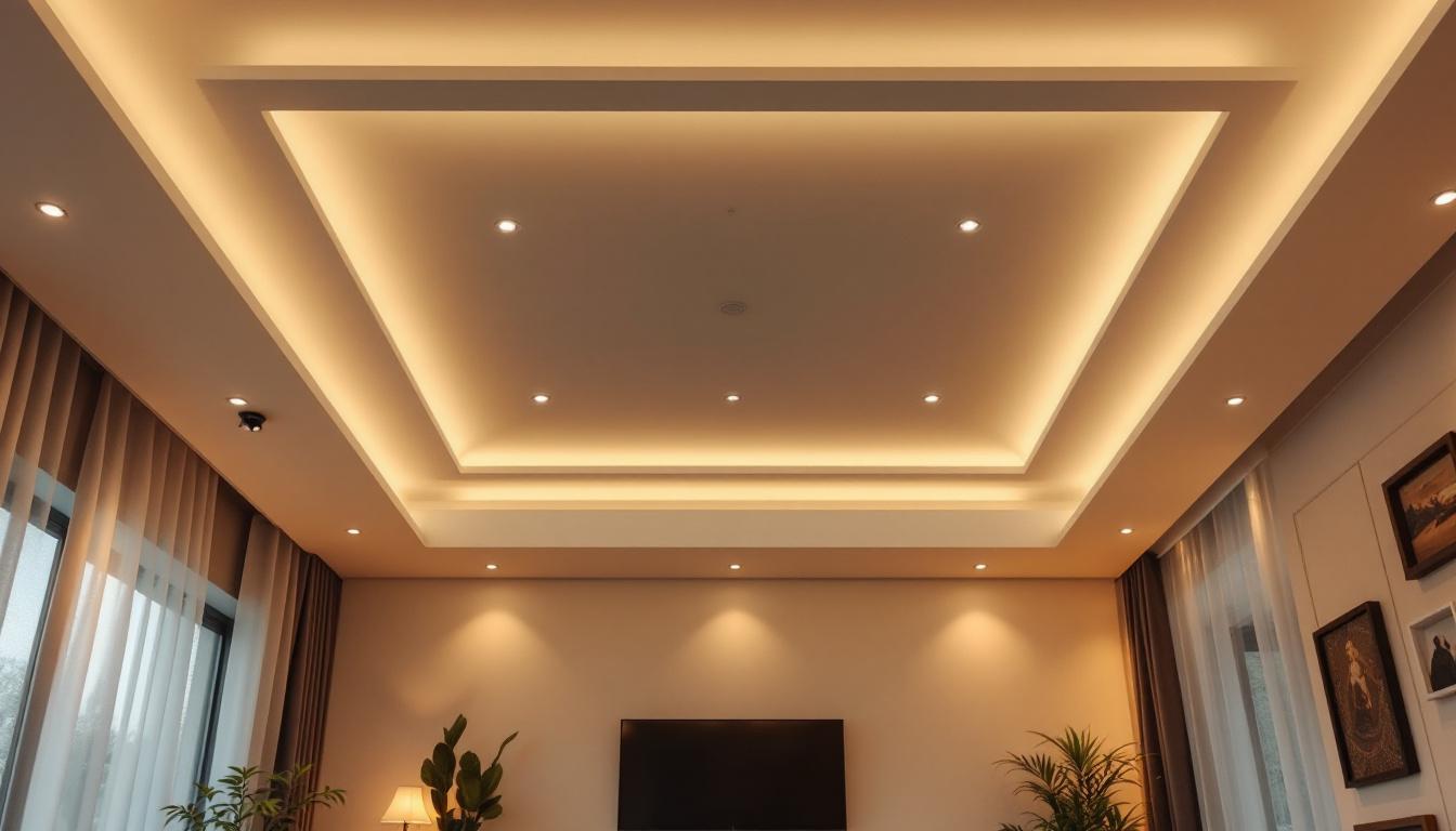 A photograph of a beautifully designed living room ceiling featuring a variety of lighting fixtures