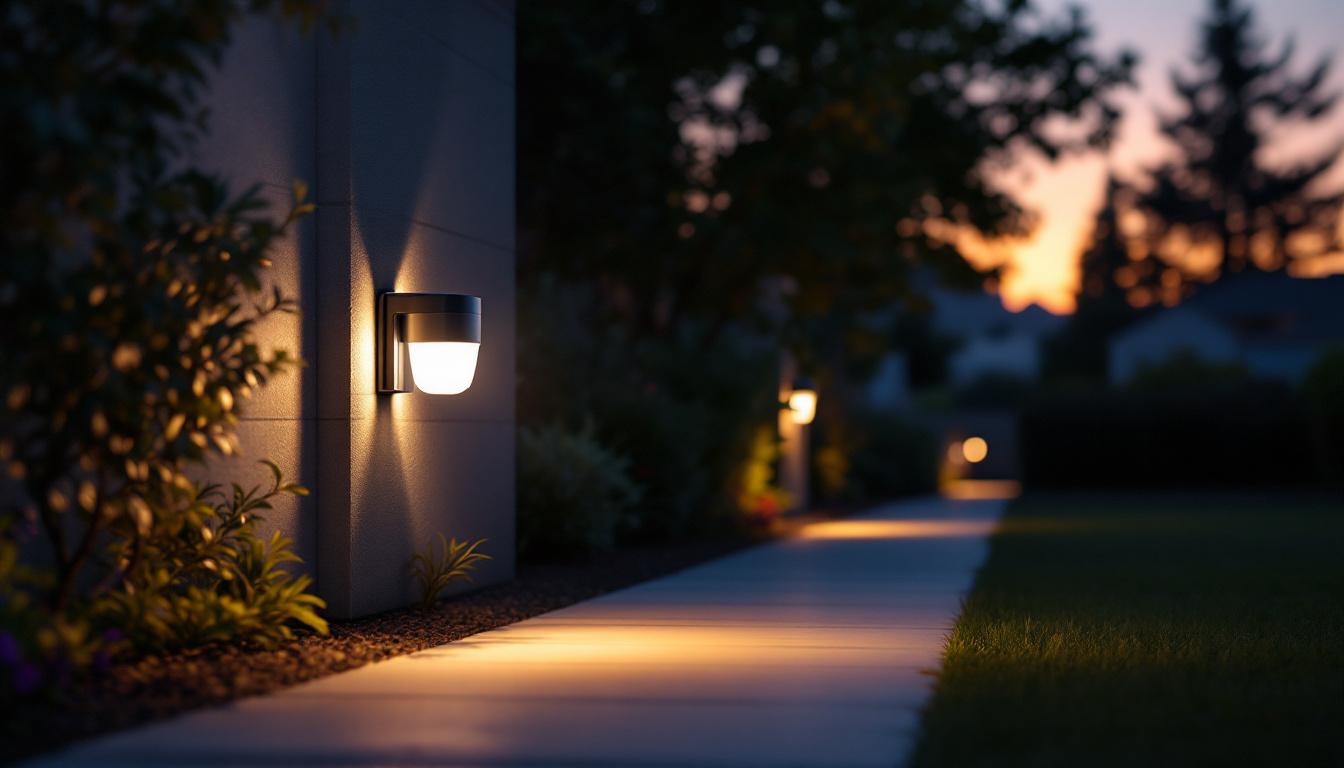 A photograph of a dusk-lit outdoor scene featuring a modern security light illuminating a pathway
