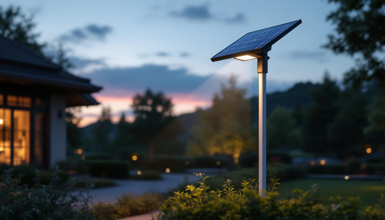 A photograph of a solar lamp pole mount installed in an outdoor setting