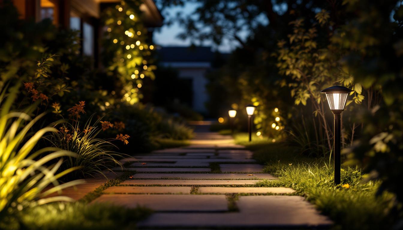 A photograph of a well-lit outdoor scene showcasing small led flood lights illuminating a garden or pathway at dusk