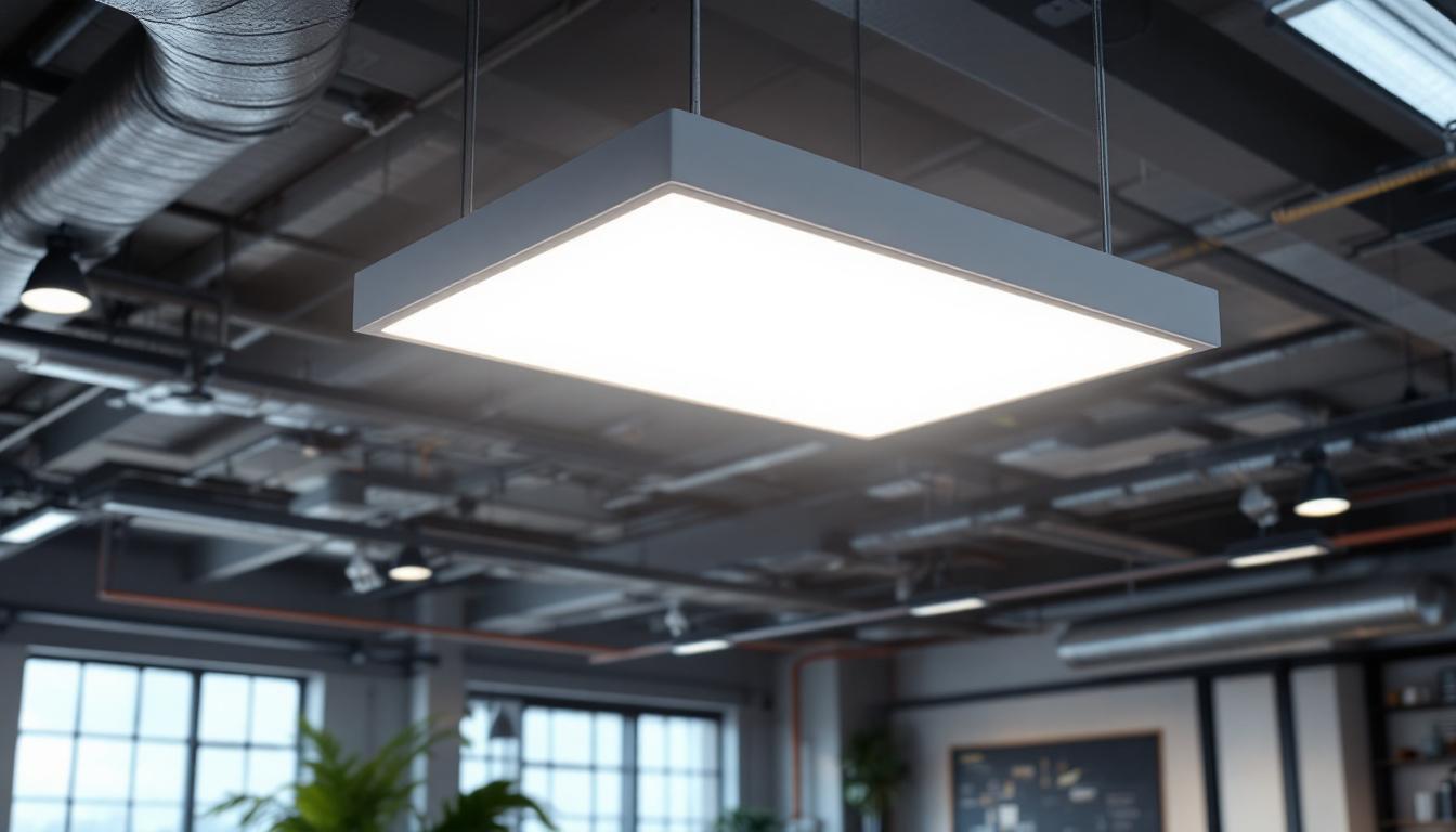 A photograph of a sleek 4ft led ceiling light fixture installed in a modern industrial space