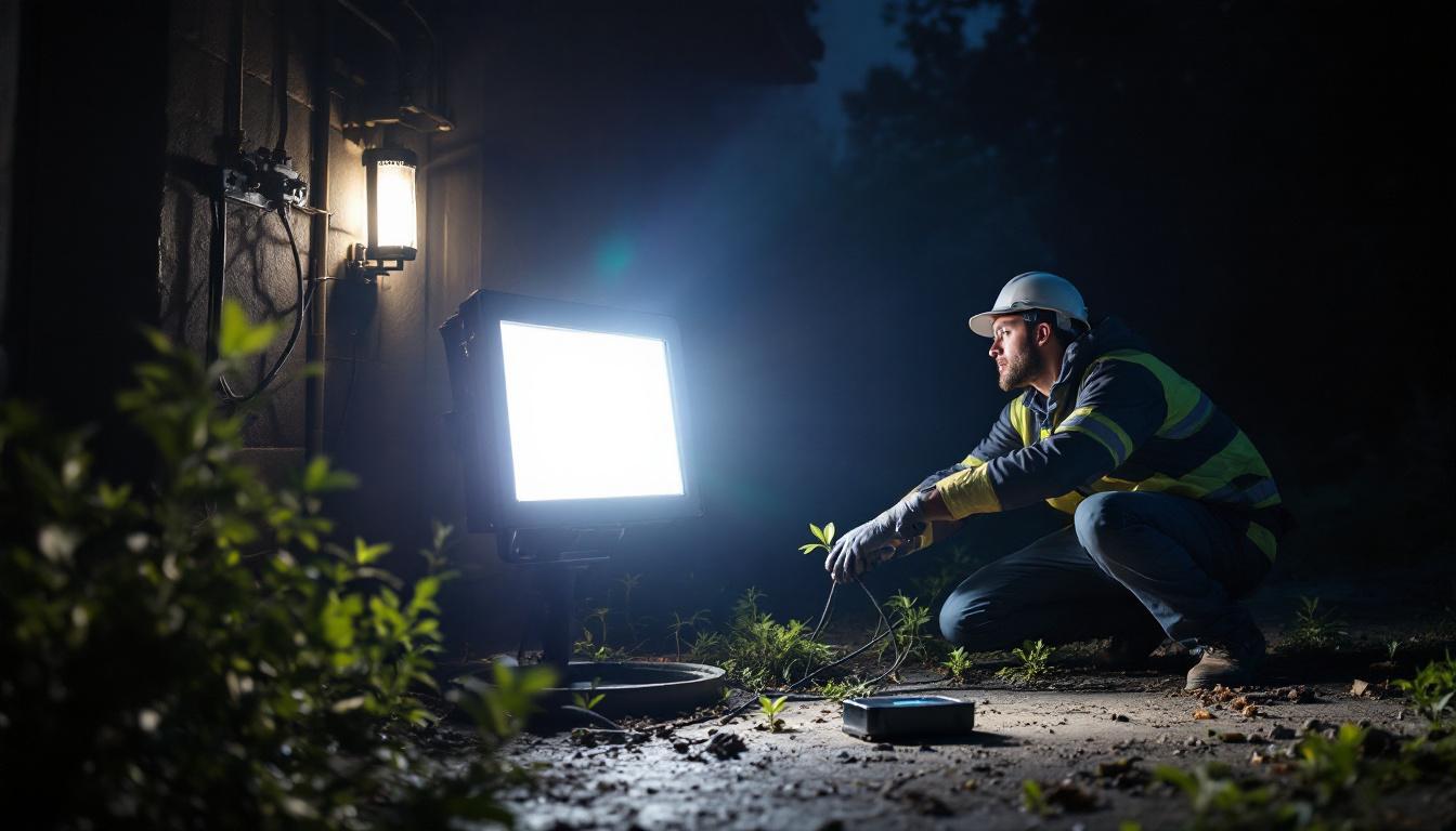 A photograph of a powerful 5000 lumen flood light illuminating a dark outdoor space
