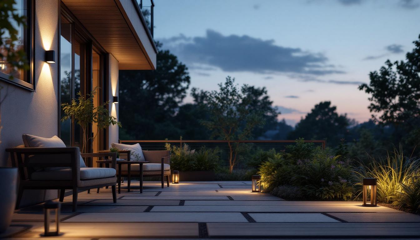 A photograph of a beautifully illuminated outdoor space featuring solzo outdoor lighting fixtures