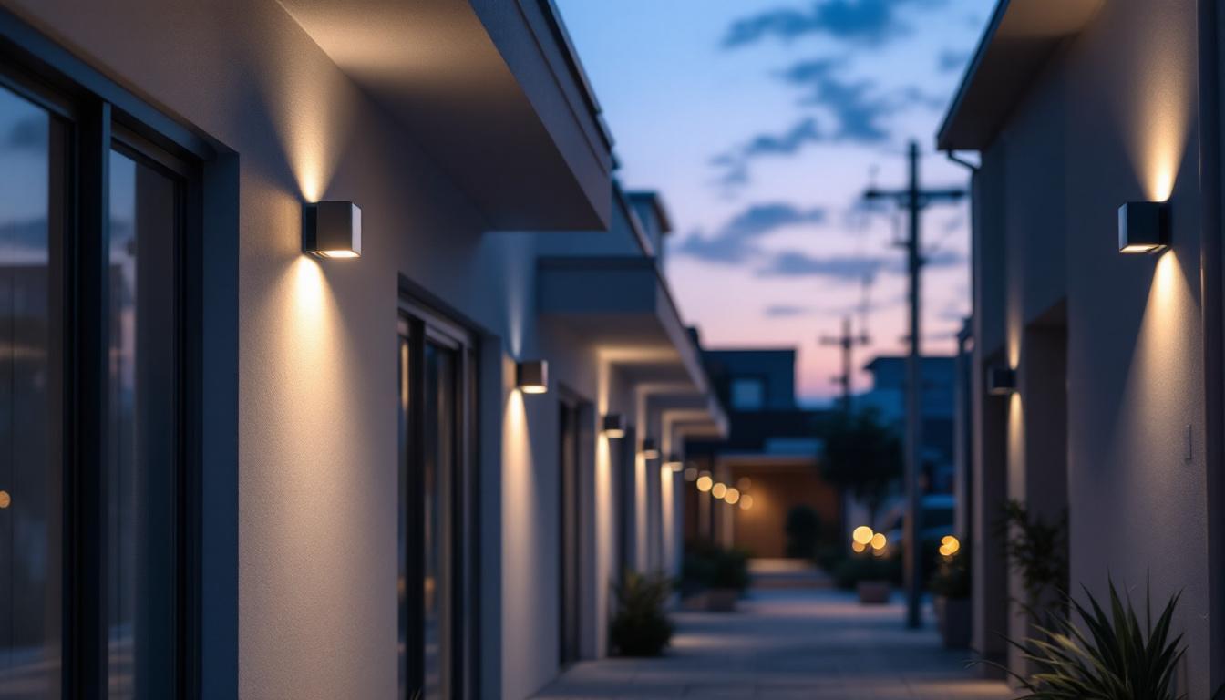 A photograph of capture a photograph of a well-lit outdoor area featuring various wall pack fixtures installed on building exteriors