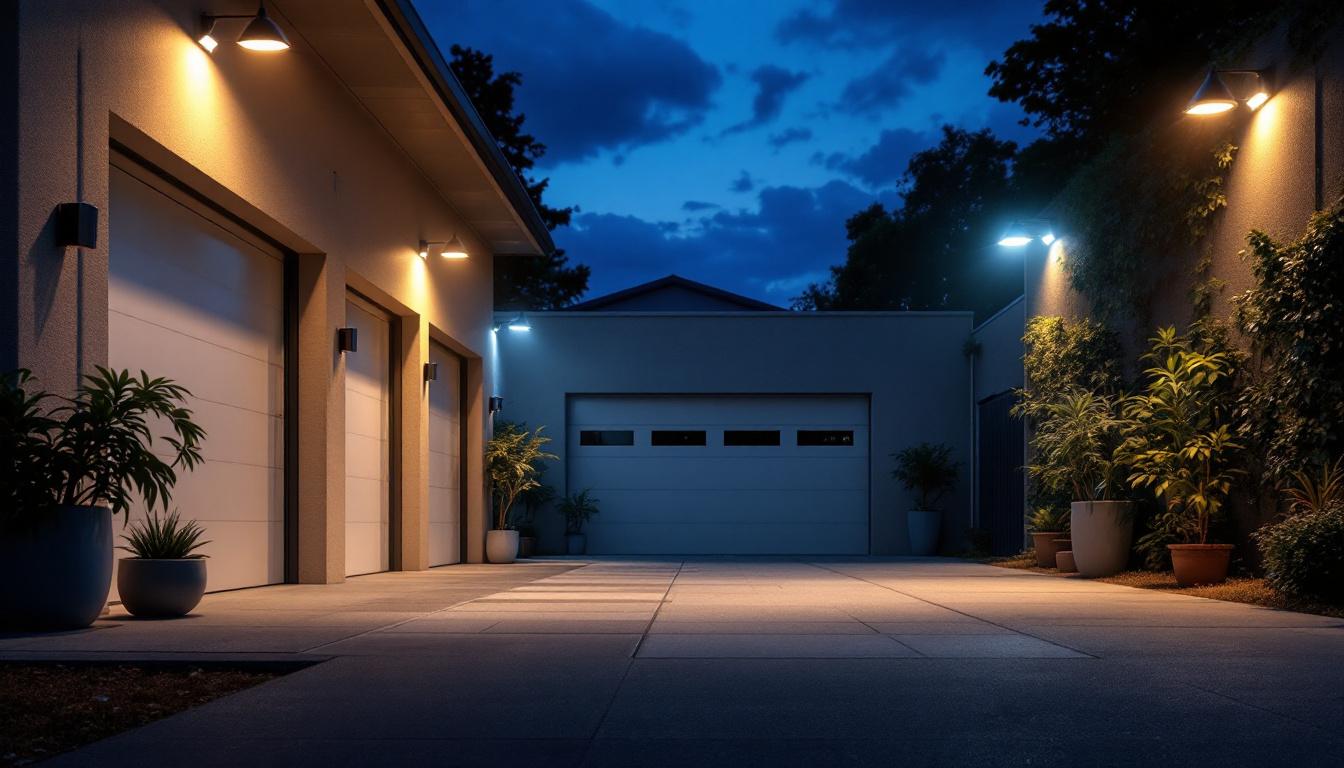 A photograph of a well-lit outdoor garage scene at dusk