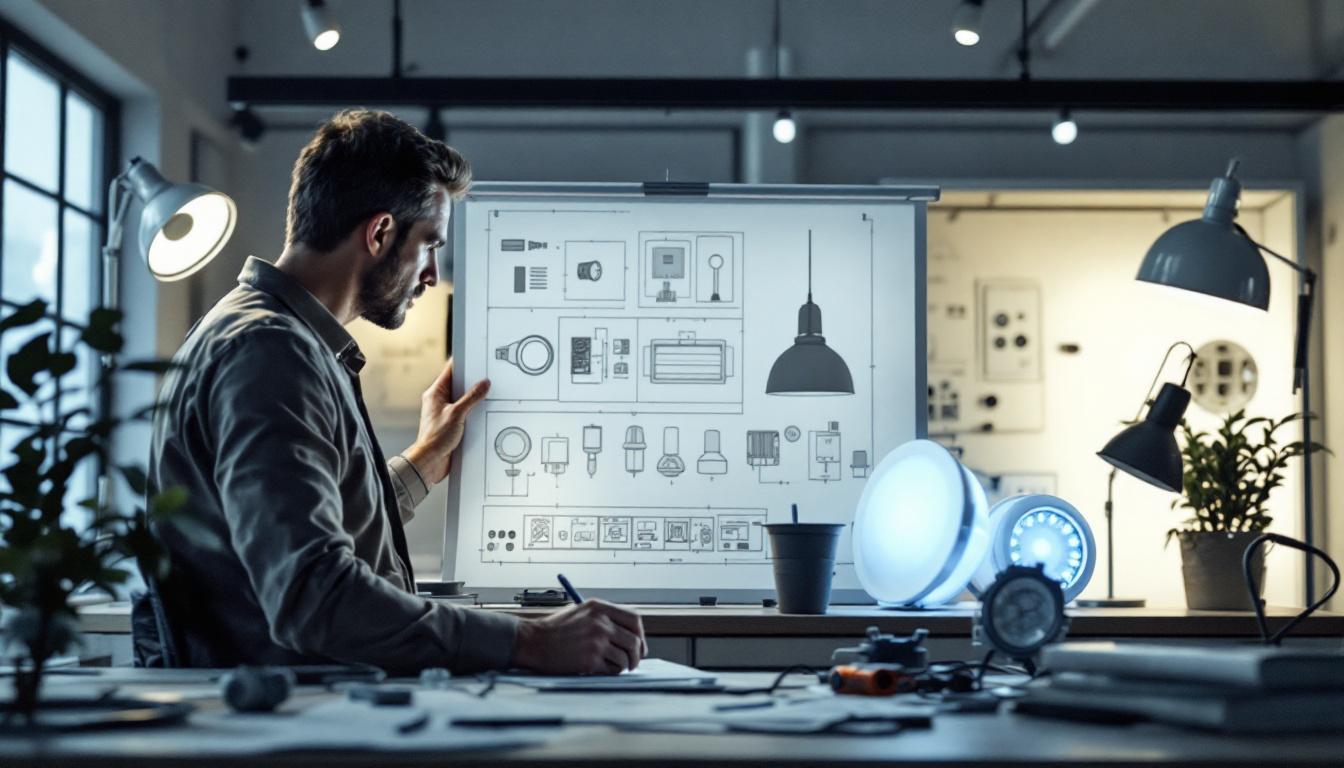 A photograph of a well-lit workspace featuring an electrical engineer reviewing lighting designs