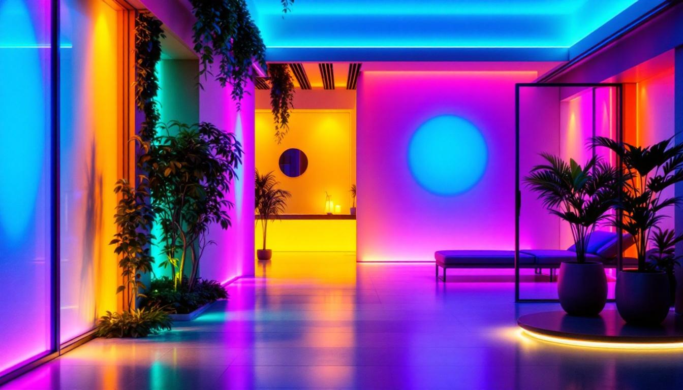 A photograph of a modern indoor or outdoor space illuminated by sleek