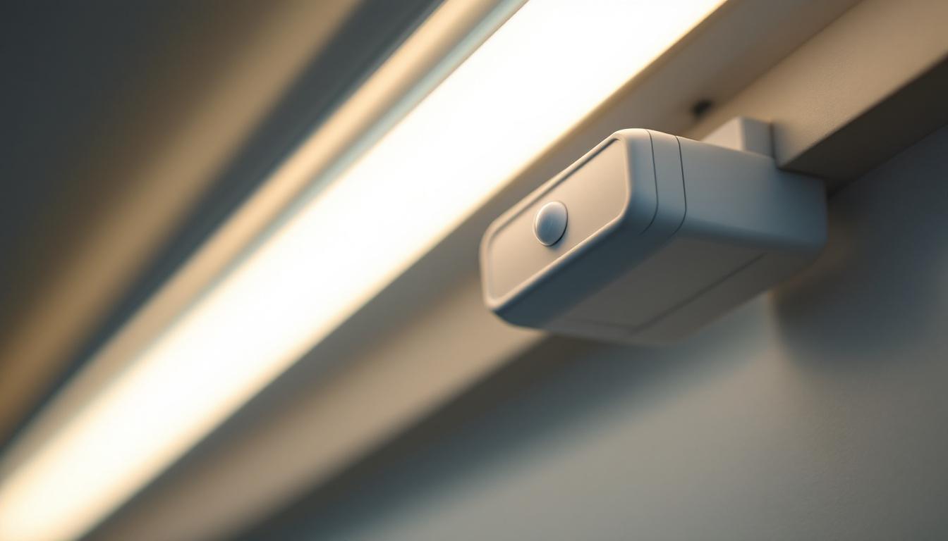 A photograph of a close-up of a fluorescent light fixture equipped with a motion sensor