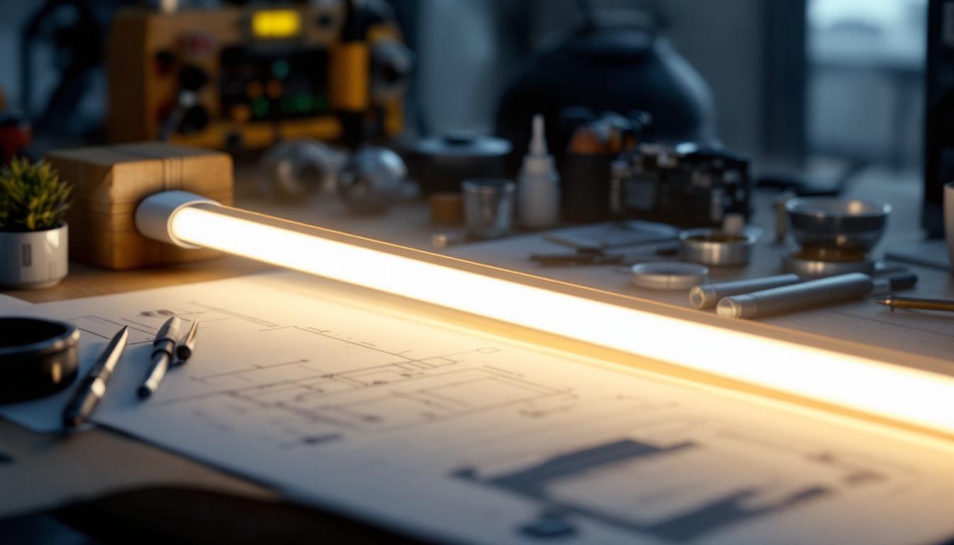 A photograph of a t5 led lamp in a modern electrical engineering workspace