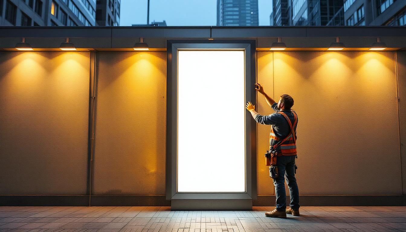 A photograph of a well-lit exterior light box installation in an urban setting