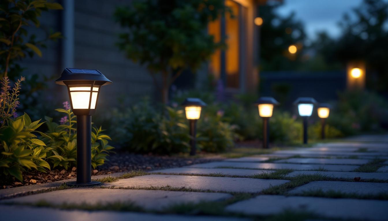 A photograph of a well-lit outdoor scene featuring various styles of mountable solar lights installed in a garden or pathway setting