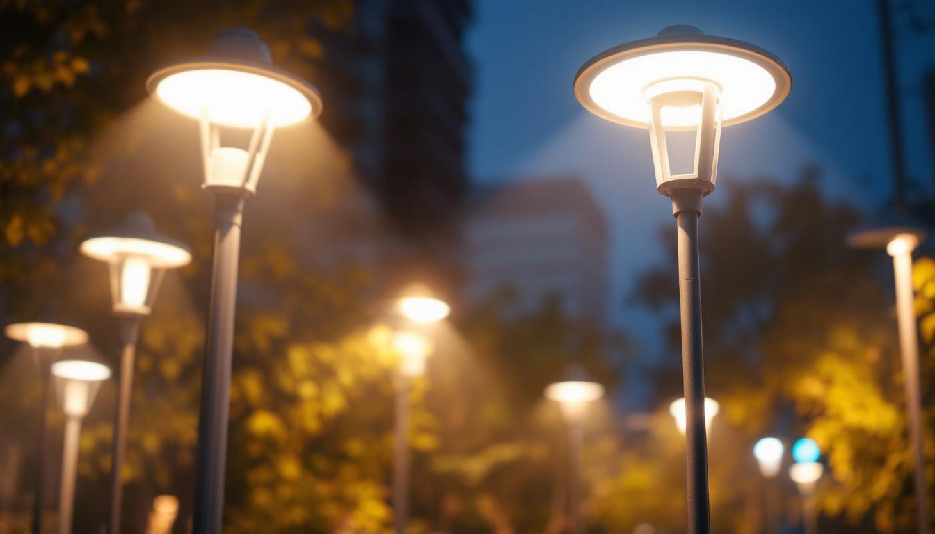 A photograph of a well-lit outdoor setting featuring various pole light heads in action