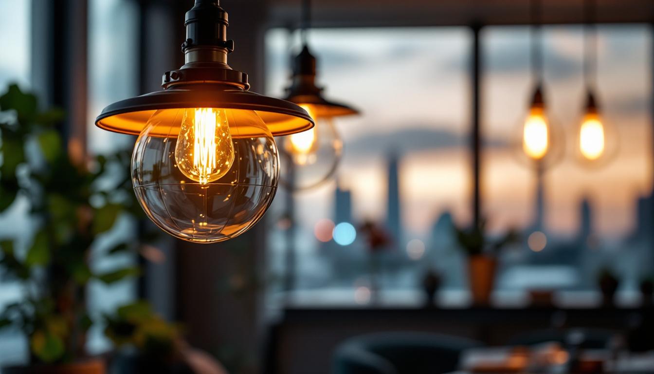 A photograph of a beautifully designed commercial pendant light illuminating a stylish interior space