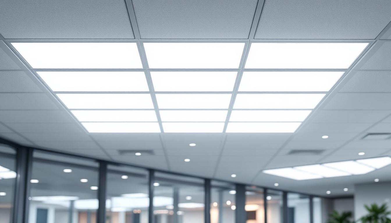 A photograph of a well-lit room featuring sleek drop ceiling light tiles