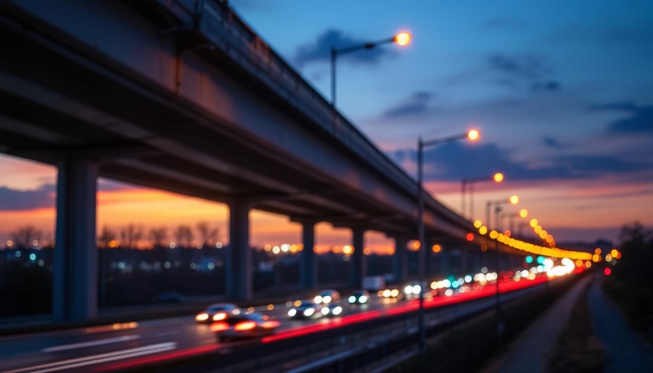 A photograph of a highway light pole at dusk