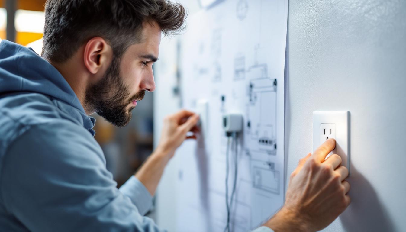 A photograph of a well-lit workspace featuring an electrical engineer examining a light power outlet installation