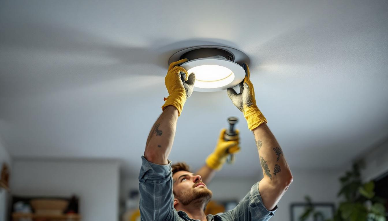 A photograph of a skilled electrician installing a recessed light retrofit kit in a modern home