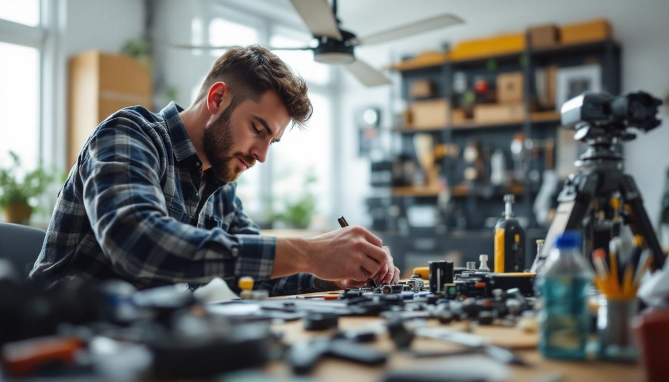 A photograph of a skilled electrical engineer meticulously assembling a ceiling fan repair kit